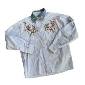 Vintage Petites Floral Embroidered Denim Collar Button Down PS